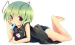  alternate_costume antennae bad_id bare_legs barefoot cape deyu_(aytms) feet green_eyes green_hair looking_at_viewer mouth_hold on_stomach popsicle school_swimsuit short_hair solo swimsuit touhou wriggle_nightbug 