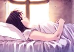  bed black_hair konsu_konsuke lying on_back original pillow short_hair solo sunlight window 