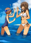  bare_shoulders beach bikini breasts brown_eyes brown_hair casual_one-piece_swimsuit cleavage fang front-tie_top highres joy_(joy-max) long_hair mound_of_venus multiple_girls navel one-piece_swimsuit open_mouth original short_hair side-tie_bikini snorkel swimsuit tan wading water wet white_bikini 