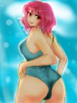  back bad_id bare_shoulders breasts lips looking_back mochinya21 no_hat no_headwear one-piece_swimsuit pink_hair red_eyes saigyouji_yuyuko short_hair smile solo swimsuit touhou 