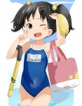  1girl bad_id bag black_hair blush brown_eyes child hair_bobbles hair_ornament hairclip open_mouth original school_swimsuit short_twintails smile snorkel solo swimsuit tamakorogashi thigh_gap thighs twintails v water wink 