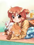  brown_eyes brown_hair cat kotatsu multiple_girls orange_juice original pajamas short_hair siblings sisters table zan 