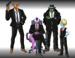  4boys black_hair blonde_hair blue_skin chair cooler_(dragon_ball) crossed_arms dark_skin doore dragon_ball dragon_ball_z dragonball_z formal green_skin grin gun hand_in_pocket hands_clasped hands_in_pockets long_hair looking_at_viewer multiple_boys necktie neiz office_chair purple_skin salza shinomiya_akino shoes sitting sleeves_rolled_up smile tail teeth watch weapon 