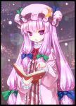  bad_id book border crescent dress hat holding holding_book kiira long_hair low-tied_long_hair open_book patchouli_knowledge purple_eyes purple_hair solo touhou violet_eyes 
