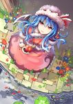 alternate_costume alternate_hair_length alternate_hairstyle apple bat_wings blue_hair dress food from_above fruit hat jiaoshouxingfa lily_pad long_hair looking_up red_eyes remilia_scarlet smile solo touhou water wings 