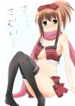  blush breasts brown_hair green_eyes kikyou kikyou_(kiss-shot) kunihiro_hajime kunihiro_hajime_(cosplay) large_breasts matsumi_yuu no_bra ponytail ribbon saki saki_achiga-hen scarf solo thigh-highs thighhighs 