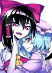  black_hair blue_hair hair_between_eyes hair_tubes hakurei_reimu hand_on_another&#039;s_face hand_on_another's_face hat multiple_girls open_mouth pink_eyes remilia_scarlet rzpoppo short_hair slit_pupils touhou white_background 