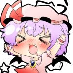  &gt;_&lt; :3 bat_wings blush closed_eyes eyes_closed fang hat lowres open_mouth purple_hair rebecca_(keinelove) remilia_scarlet ribbon short_hair solo touhou wings x3 yawning 