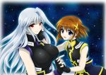  2girls blue_eyes blue_hair breasts brown_hair fingerless_gloves gloves hair_ornament large_breasts lyrical_nanoha mahou_shoujo_lyrical_nanoha mahou_shoujo_lyrical_nanoha_a&#039;s mahou_shoujo_lyrical_nanoha_a's mahou_shoujo_lyrical_nanoha_the_movie_2nd_a&#039;s mahou_shoujo_lyrical_nanoha_the_movie_2nd_a's multiple_girls red_eyes reinforce sattan smile tears yagami_hayate 