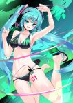  arm_up armpits barefoot bikini dangan-cat dangan_neko digital_media_player dutch_angle feet hatsune_miku headphones highres jumping music_player nail_polish navel sandals single_shoe solo swimsuit toenail_polish vocaloid 