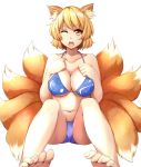  animal_ears bad_id bikini blonde_hair breasts collarbone feet fox_ears fox_tail heart large_breasts multiple_tails navel no_hat no_headwear onodera_(ilovehitagi) open_mouth revision solo swimsuit tail toenails toes touhou transparent_background wink yakumo_ran yellow_eyes 