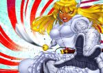  1girl action armor blonde_hair dark_skin highres long_hair matsuda_shin open_mouth sheath sword weapon yellow_eyes 