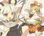  animal_ears blonde_hair blush capelet dowsing_rod fang hair_ornament jewelry mouse_ears multiple_girls nazrin necklace oide_chosuke ooide_chousuke open_mouth red_eyes shawl short_hair silver_hair tail tiger_print toramaru_shou touhou yellow_eyes 