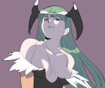  bare_shoulders capcom expression green_hair head_wings iie-kefia long_hair looking_at_viewer morrigan_aensland simple_background solo vampire_(game) 