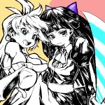  earrings flat_gaze foreshortening jewelry long_hair lowres monochrome multiple_girls no_nose open_mouth panty_&amp;_stocking_with_garterbelt panty_(psg) stocking_(psg) sword watata13 weapon 