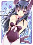  :d animal_ears arms_behind_back blue_hair blush breasts bunnysuit detached_collar fake_animal_ears highres long_hair necktie open_mouth original outline pantyhose red_eyes smile solo usaginezumi 