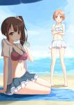  bare_shoulders barefoot beach beach_towel beach_umbrella bikini breasts brown_eyes brown_hair cleavage crossed_arms drink hoodie looking_at_viewer minitesu miyamoto_konatsu multiple_girls navel okita_sawa orange_eyes orange_hair shade side_ponytail sitting skirt sky straw swimsuit tari_tari water yokozuwari 