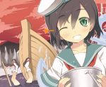  1girl black_hair boat brown_hair bucket bust green_eyes grin hat inugami-ke_no_ichizoku_pose multiple_girls murasa_minamitsu oide_chosuke onozuka_komachi ooide_chousuke sailor sailor_hat scythe smile solo star touhou water wink 