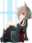  animal_ears blush boots bow copyright_request finger_to_mouth highres looking_back open_mouth shierutei short_hair silver_hair sitting skirt solo yellow_eyes 