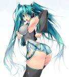  1girl aqua_hair armpits ass blue_eyes blue_hair blush detached_sleeves hatsune_miku highres long_hair looking_at_viewer open_mouth scatter_milk shorts simple_background solo thighhighs twintails very_long_hair vocaloid white_background 