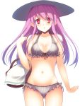  1girl :o bad_id bare_shoulders bikini blush frilled_bikini frills hat kishiki_kanmitsu long_hair mound_of_venus navel pomnit purple_hair red_eyes simple_background solo striped striped_bikini striped_swimsuit summon_night summon_night_4 sun_hat swimsuit vertical-striped_bikini vertical_stripes white_background 