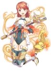  armor bare_shoulders bodysuit boots eichisu jumping magical_girl mecha_musume open_mouth original red_eyes red_hair redhead shachihoko short_hair simple_background solo staff thigh-highs thighhighs white_background 
