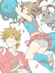  1boy 1girl alternate_costume ball blue_(pokemon) brown_eyes brown_hair cheerleader football long_hair ookido_green panties pantyshot pokemon pokemon_(creature) pokemon_(game) pokemon_frlg rotasu skirt spoink tegaki underwear 