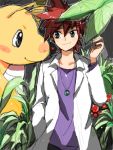  brown_hair dragonite grey_eyes jewelry labcoat leaf male necklace ookido_shigeru plant pokemon pokemon_(anime) smile tegaki 