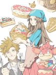  1boy 1girl alternate_costume apron basket blue_(pokemon) brown_eyes brown_hair cake carrying cookie food fork fruit headband holding knife long_hair ookido_green ookido_green_(hgss) pie pikachu pokemon pokemon_(creature) pokemon_(game) pokemon_frlg rotasu simisear smile tegaki 