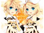  1girl :d blonde_hair blue_eyes brother_and_sister happy_birthday highres kagamine_len kagamine_rin leeannpippisum looking_at_viewer miniboy minigirl open_mouth short_hair siblings smile twins vocaloid 