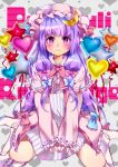  ahoge balloon blush bow capelet character_name cream crescent hair_bow hat heart long_hair long_sleeves longs_leeves motiking patchouli_knowledge purple_eyes purple_hair solo star touhou very_long_hair violet_eyes 