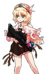 alice_margatroid alphes_(style) assault_rifle atelier_(series) atelier_rorona blonde_hair bow bullpup capelet dress fn_f2000 frills gem green_eyes gun hat jewelry parody pendant rifle rororina_fryxell rororina_fryxell_(cosplay) simple_background solo style_parody touhou towie transparent_background weapon wings 