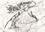  1girl arm_support breasts graphite_(medium) highres kill_la_kill matoi_ryuuko monochrome osusitan scissor_blade senketsu sketch solo sword thigh-highs traditional_media under_boob weapon 