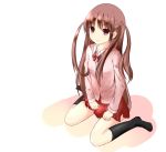  atarashi_ako brown_hair cardigan hinnketsugimi kneehighs long_hair ribbon saki saki_achiga-hen sitting skirt solo two_side_up 
