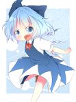  1girl akisha blue_eyes blue_hair blush bow cirno dress hair_bow ice ice_wings open_mouth short_hair solo touhou wings 