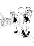  bus_stop highres jason_(kaiten_kussaku_kikou) long_hair monochrome multiple_girls one-piece_swimsuit original swimsuit thigh-highs thighhighs 