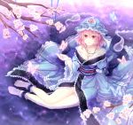  ankle_cuffs barefoot branch breasts butterfly cherry_blossoms cleavage collarbone flower frills hat hitodama insect long_sleeves off_shoulder pink_eyes pink_hair saigyouji_yuyuko short_hair sitting solo touhou triangular_headpiece water wide_sleeves yuuna_minato 