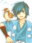  blue_eyes blue_hair hair_over_one_eye hayato_(pokemon) male open_mouth pidgey pokemon pokemon_(game) pokemon_hgss simple_background smile tegaki white_background 