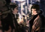  black_hair blue_eyes blurry bob_cut city copyright_request crowd depth_of_field gonzales_rocky highres jacket light_smile lips pullover short_hair turtleneck 