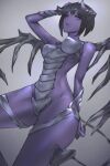  1girl allure_(monster_farm) arm_behind_back arm_up bangs bare_shoulders black_hair black_horns black_wings breasts colored_skin demon_girl demon_horns demon_tail demon_wings gradient gradient_background grey_leotard hand_on_own_head horns leotard medium_breasts monster_farm purple_skin red_eyes short_hair solo tail wings ymok 