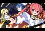  4girls :d blonde_hair blue_eyes blue_hair blush claire_rouge drill_hair ellis_fahrengart fianna_ray_ordesia fire hair_ribbon hyouju_issei juliet_sleeves letterboxed long_hair long_sleeves looking_at_viewer looking_back magic_circle multiple_girls open_mouth puffy_sleeves red_eyes red_hair redhead ribbon rinslet_laurenfrost seirei_tsukai_no_blade_dance smile very_long_hair 