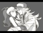  1girl baseball_cap blush couple greyscale hand_in_hair hat jewelry kitsunen_(kitune_n) kitunen letterboxed long_hair monochrome n_(pokemon) necklace open_mouth pokemon pokemon_(game) pokemon_bw ponytail simple_background sketch smile touko_(pokemon) vest 