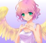  absurdres angel angel_wings bare_shoulders feathered_wings green_eyes green_hair harpy_(puyopuyo) highres interlocked_fingers kobanzame pink_hair puyopuyo short_hair smile solo wings 