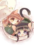  2girls :3 animal_ears black_hair blue_eyes braid brown_eyes brown_hair cat_ears cat_tail chibi highres kantai_collection kemonomimi_mode kitakami_(kantai_collection) multiple_girls ooi_(kantai_collection) open_mouth personification pot ppppa star star-shaped_pupils symbol-shaped_pupils tail tears 