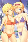  :o ;d alice_margatroid beach bikini blonde_hair blue_eyes braid breast_press breasts cloud clouds kirisame_marisa long_hair multiple_girls open_mouth palm_tree short_hair single_braid sky smile swimsuit touhou tree water wink yasojima_nejiro yellow_eyes 