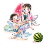  1girl child doraemon food fruit glasses minamoto_shizuka nobi_nobita one-piece_swimsuit oversized_object shaved_ice spoon swim_trunks swimsuit twintails watermelon yoneemon 