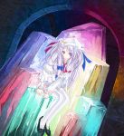  alternate_hair_color bow capelet crescent hair_bow hat heri long_hair long_sleeves patchouli_knowledge sitting solo thigh-highs thighhighs touhou white_hair white_legwear wide_sleeves 