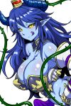  :q armor asmodeus_(shinrabanshou) black_sclera blue_hair blue_sclera blue_skin breast_lift breasts character_request clearite cleavage dark_sclera demon_girl demon_horns hat horns huge_breasts long_hair pointy_ears shinrabanshou simple_background slit_pupils solo tongue vines white_background yellow_eyes 