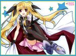  :d ass bare_shoulders blonde_hair boots bow cape fate_testarossa gloves hair_bow kanna_(plum) long_hair lyrical_nanoha mahou_shoujo_lyrical_nanoha mahou_shoujo_lyrical_nanoha_a&#039;s mahou_shoujo_lyrical_nanoha_a's mahou_shoujo_lyrical_nanoha_the_movie_2nd_a&#039;s mahou_shoujo_lyrical_nanoha_the_movie_2nd_a's open_mouth red_eyes sitting skirt smile solo star thigh-highs thighhighs twintails 