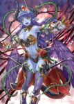  :d asmodeus_(shinrabanshou) astaroth_(shinrabanshou) black_sclera blue_hair blue_skin breasts character_request cleavage demon_girl demon_horns fang feathered_wings flower gauntlets hat horns long_hair low_wings navel open_mouth outstretched_arms pointy_ears purple_legwear ran&#039;ou_(tamago_no_kimi) rose shinrabanshou smile solo succubus tail thigh-highs thighhighs thorns vines wings yellow_eyes 